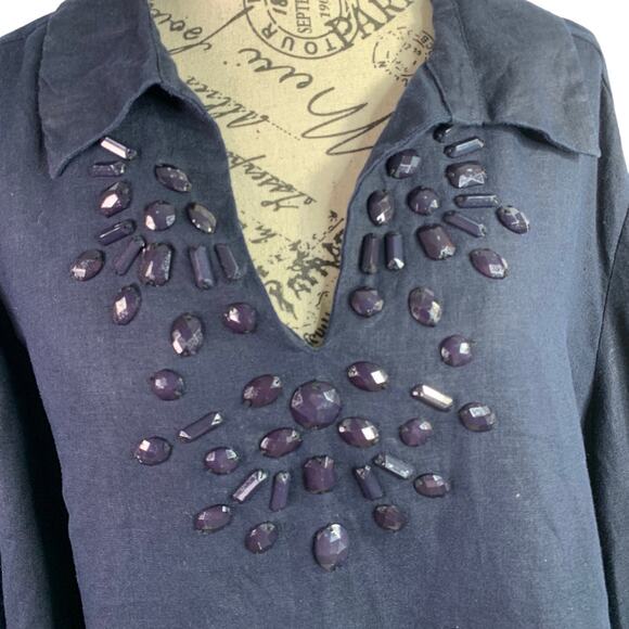 JM Collection Women's 20W Tunic Blouse 100% Linen V-neck Gem Details Holiday Top - Picture 2 of 10